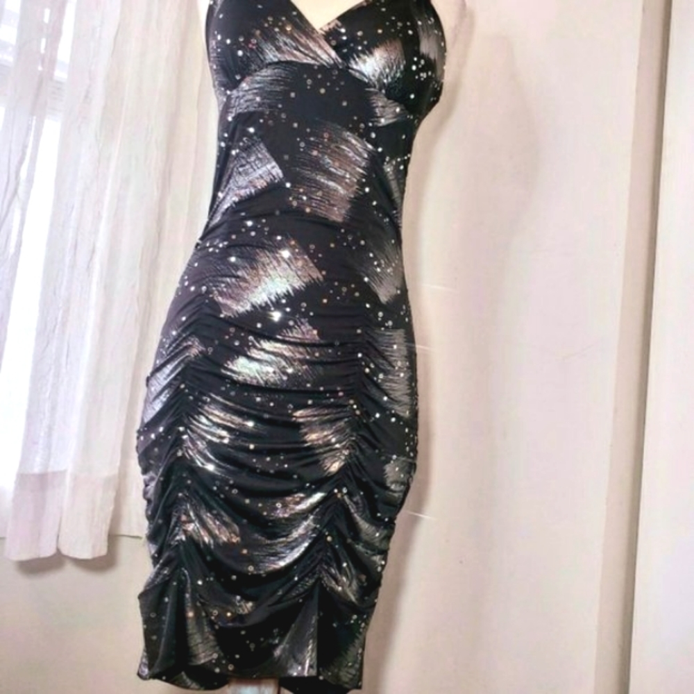 Dress Taboo Women Low Neckline Crossed Cutout Back Silver Sparkle Black Dresses - Picture 4 of 11
